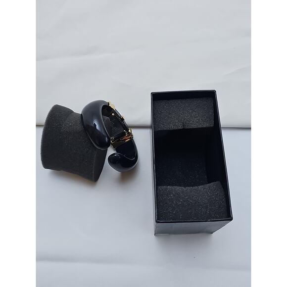 Gruen Womens Wrist Watch Black Hard Bracelet Band Gold Details White Face Quartz - Picture 7 of 7